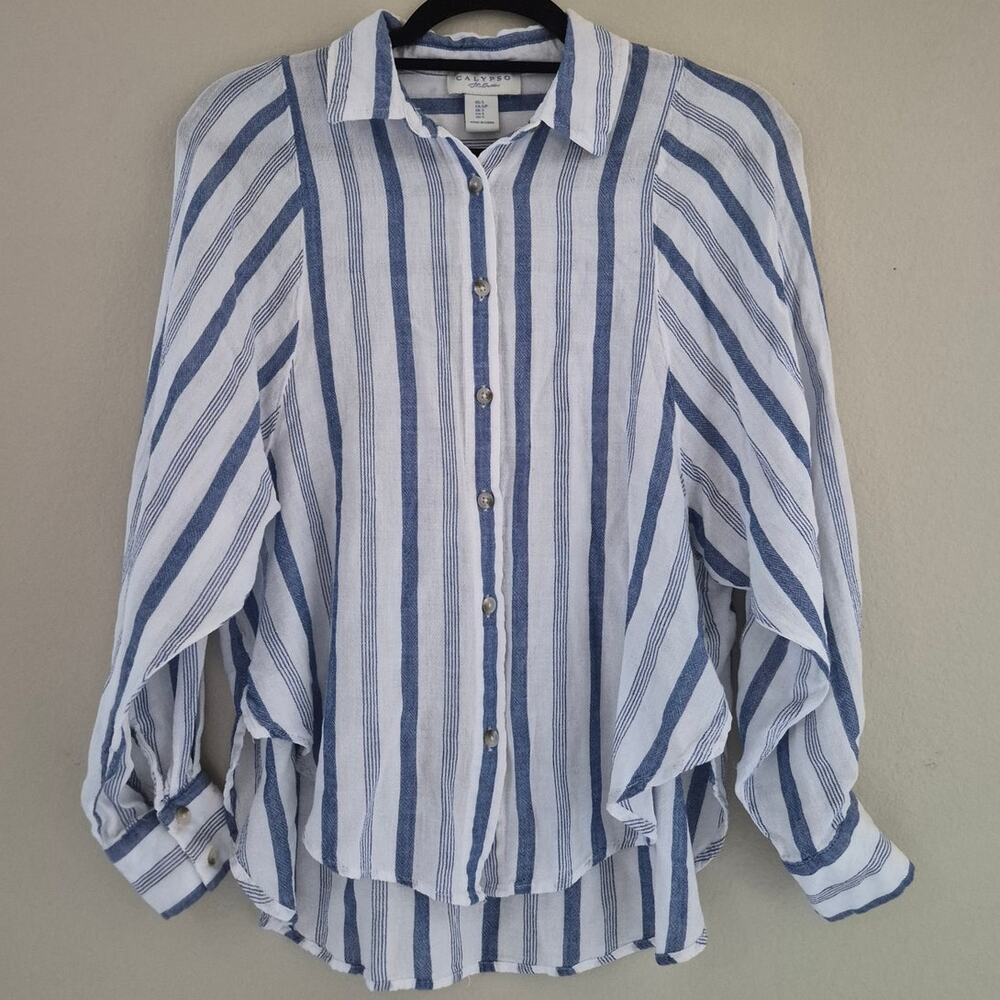 Calypso St. Barth Oversized Blue & White Striped Button Down Linen Blend Shirt